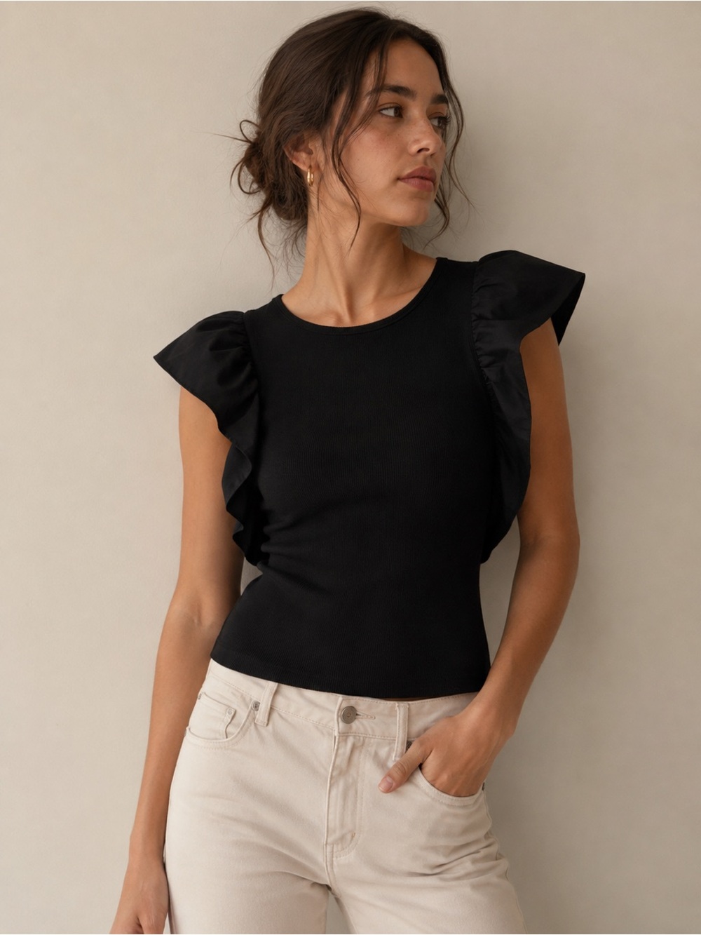TCEC Black Ruffle Sleeve Knit Tank Top Size Small